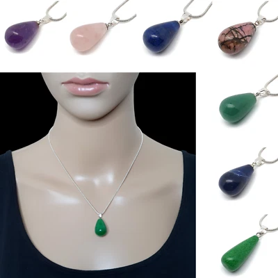 Necklace Teardrop Gemstone Pendant Crystal Chakra Boho Silver Plated Chain - Image 1 of 4