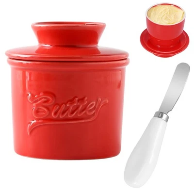 Französische Butterdose Keramik Butterbehälter Butterschale mit Buttermesser DE - Bild 1 von 4