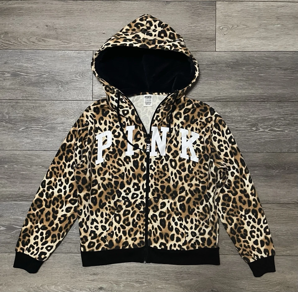 Victoria's Secret Rosa Estampado de Leopardo Imitación Piel Capucha Cremallera Completa Sudadera con Capucha PEQUEÑA Foto 1 de 4