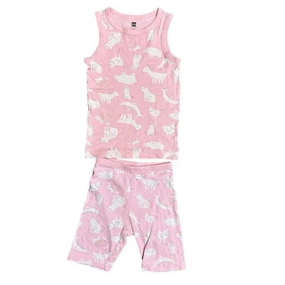 Tea Collection Pink Woodland Animal Print Tank Top Shorts Pajama Set Kids Size 6 - Image 1 of 4