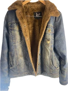 KC Collections L Jean Jacket Faux Fur Blue Denim Lined Womens 4 Pockets Distress - Picture 1 of 10