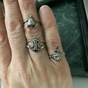 Lot Of 3 Sterling Silver Nautical Ring Anchor Sea Turtle Adjustable Toe? 4-5.5 - Picture 1 of 11