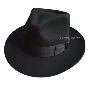 Authentic Israel Jewish Wool Fedora Cap - Hasidic Style, Black Felt, Wide Brim - Picture 1 of 10
