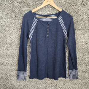 Lucky Brand Top Womens Medium Blue Waffle Knit Long Sleeve Henley Tee Casual - Picture 1 of 7