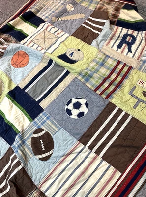 Pottery Barn Kids Twin Quilted Sports Patchwork bedspread Quilt Blanket 67"x86" - Image 1 of 4