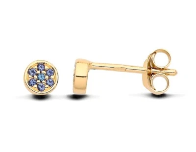 9ct Yellow Gold on Silver Blue Sapphire Cz Round Cluster Stud Earrings - Image 1 of 4