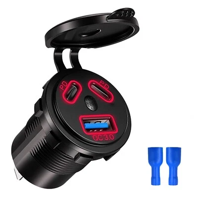 24V QC3.0 Dual USB Car Fast Charger Socket Power Outlet LED Voltmeter Waterproof - Image 1 of 4