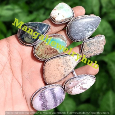 Lote de 10 piezas de anillos enchapados en plata 925 con piedras preciosas de unakita y mezcla fascinantes joyas a granel Foto 1 de 4