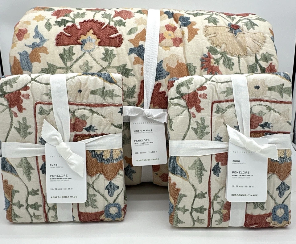 Edredón artesanal Pottery Barn Penélope ~ Rey + 2 fundas de euro ~ NUEVO Foto 1 de 1