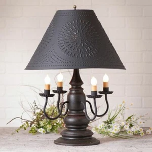 Harrison 4-Arm Wooden Table Lamp Black W/ Punched Tin Shade Primitive Light - Picture 1 of 2