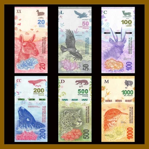 Argentina 20 50 100 200 500 1000 Pesos Set, 2017-2019 P-New Whale Leopard Unc - Picture 1 of 7