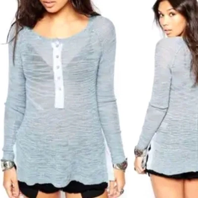 Free People Storm Blue Mountain Song Henley Long Sleeve Knit Sweater Size L - Image 1 of 4