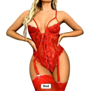 Lingerie Body Garters One-Piece Women Lace Up Nightwear Sexy Transparent Set - Picture 1 of 42