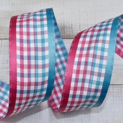 Cinta a cuadros de guinga rosa turquesa azul blanco gelatina 1,5" de ancho x 5 yardas Foto 1 de 2