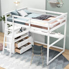 Wood Loft Bunk Bed Frame Full Size Loft Bed w/ Desk an dShelves Two BuiltDrawers