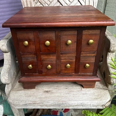 Antique Apothecary Spice Chest, Footed Horizontal Cabinet, 8 Drawers Brass Knobs - Image 1 of 4