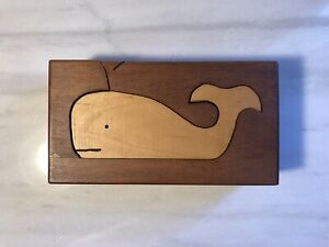 Vintage MCM Carved Wood Whale Figurine Puzzle Jewelry Trinket Box Handmade