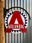 Atlantic Oil Company Huge Tin Metal Sign With Hanger Double Sided  Bar Man Cave