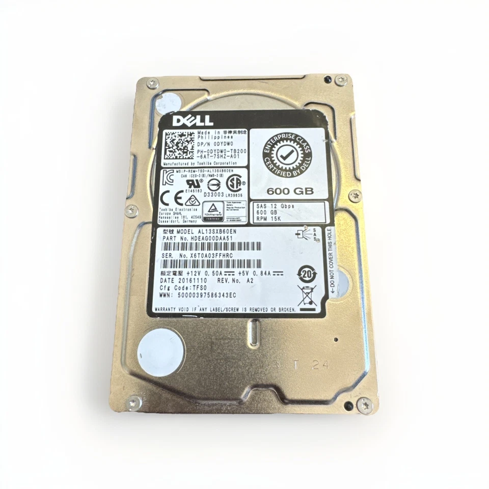 DYDW0 Dell 600GB 15K SAS 2.5" 12Gb/s HDD Hard Drive AL13SXB60EN 0DYDW0 - Image 1 of 1