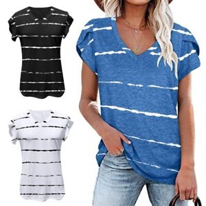 Women Casual Petal Sleeve Shirt V-Neck Striped Print Loose Fit Blouses Top