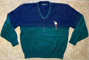Suéter de Colección Carmel Tejido 3D Escena de Golf Para Hombres Grande Verde y Azul Cuello en V Algodón - Imagen 1 de 8