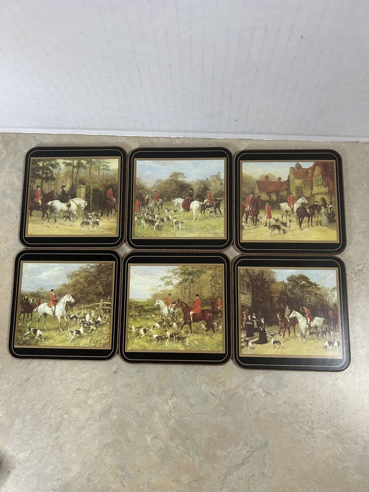 Coasters Vintage Pimpernel Tally-Ho Cork Back- Set 6 Horse Fox Hunting England - Image 1 of 4