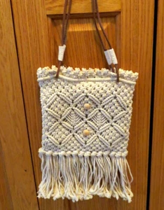 Vintage Macrame Purse with Leather handles tassles - Bild 1 von 10