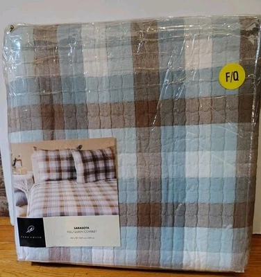 NIP Park Smith Coverlet SARASOTA 100% Cotton 90 x 90 Full Queen Blue Brown Plaid - Image 1 of 4