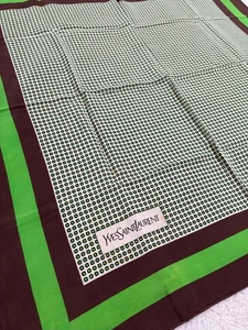 YSL Silk Scarf 28” Brown Green Geometric Square Vintage Yves Saint Laurent - Picture 1 of 22