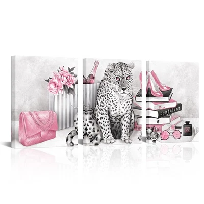 Quadro de moda glam rosa blush arte de parede livros leopardo sapatos de salto alto perfume... - Imagem 1 de 4
