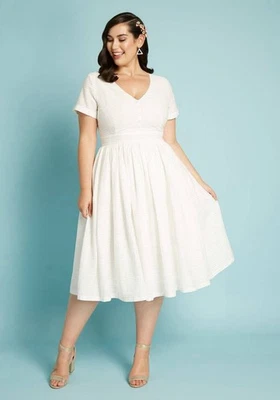 ModCloth Fabulous Fit and Flare White Shirt Dress Retro Short Sleeve Sz 16 Plus - Image 1 of 4