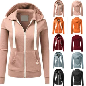 Womens Zip Up Hoodie Sweatshirt Ladies Casual Hooded Jacket Tops Sportswear - Picture 1 of 21