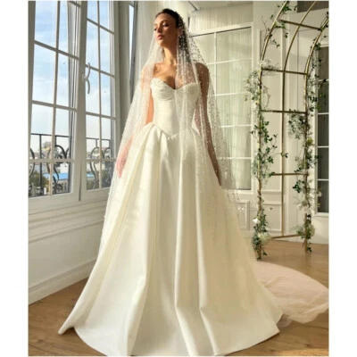 Veil Pearls Wedding Dresses Strapless Sleeveless vestidos de noche Floor-Length - Image 1 of 4