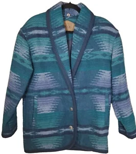 VTG 90s Woolrich Southwestern Saddle Blanket Coat Wool Blend Teal Blue Women's S - Picture 1 of 7