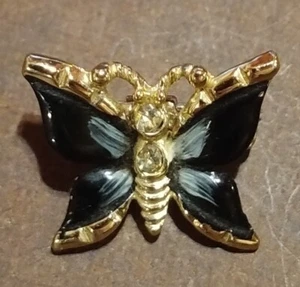 Vintage Enamel Butterfly Pin Brooch Black Gold Tone - Picture 1 of 2