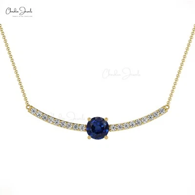 Statement Diamond Necklace 5mm Round Blue Sapphire Stone 14k Solid Gold Necklace Foto 1 de 4