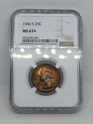 1946 S Washington Quarter NGC MS67+ Plus Grade Rainbow Toned $5600 In MS68 - Image 1 of 4
