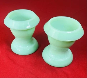 Jadeite Green Double Egg Cup Set 2 Glass MCM Retro Farmhouse Breakfast Decor - Picture 1 of 6