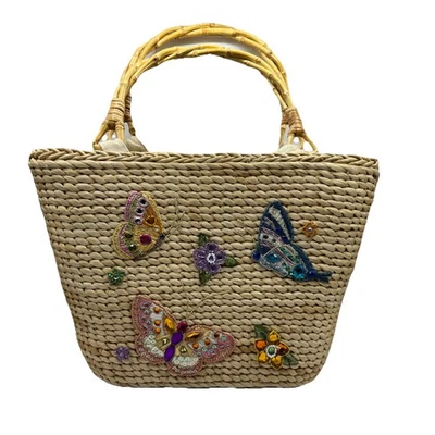 De Colección Cappelli Paja Mundo Cartera Mariposa Flor Silvestre Bolso de Mano Lentejuelas Gemas Perlas Foto 1 de 4