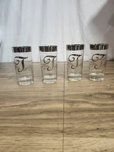 4 Vintage Dorothy Thorpe Highball Monogram T Silver Rim Glasses Mid Century MCM - Picture 1 of 9