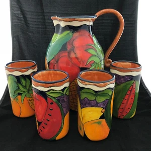 Colorful Hand Made Clay / Pottery Pitcher and Four Tumblers Set Signed - Picture 1 of 12