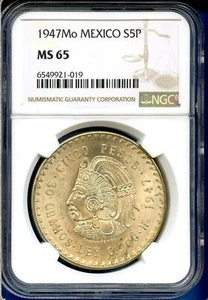 1947 Mo Mexico NGC MS65 Silver 5 Pesos S5P Cinco Pesos Cuauhtemoc Coin MS-65 - Picture 1 of 3