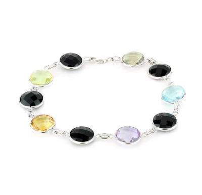 Pulsera de oro blanco de 14K con piedras preciosas multicolores y ónix negro de 8 pulgadas Foto 1 de 3