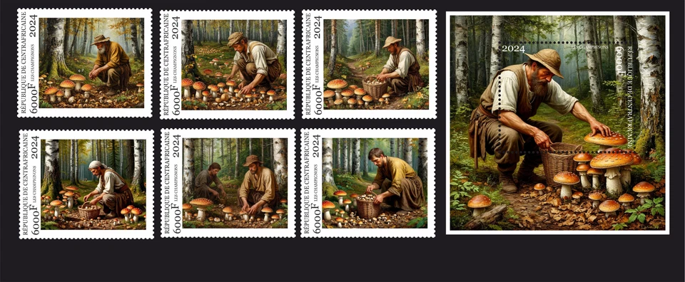 Selos. Bloco de plantas cogumelos + 6 selos perfurados NOVO 2025 ano - Imagem 1 de 1