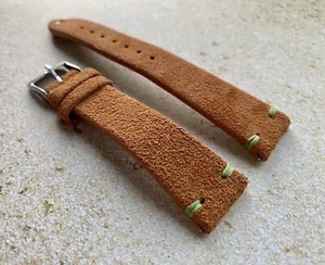 20mm BROWN Vintage Suede Leather Watch Strap Band GREEN Stitching - Picture 1 of 10