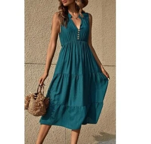 BROVAVE Collared V-Neck Tiered Midi Shirt Dress Dark Green Women's Sz Medium NWT - Picture 1 of 19