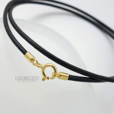 Colar de cordão de couro genuíno redondo folheado a ouro prata esterlina com fecho de mola - Imagem 1 de 2