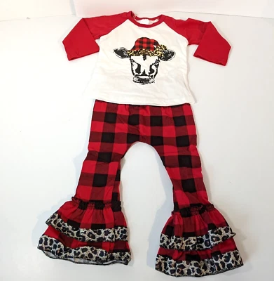 Conjunto de traje de Navidad para niña pequeña 12-18 meses vaca de Papá Noel, cuadros de búfalo, pantalones acampanados Foto 1 de 4