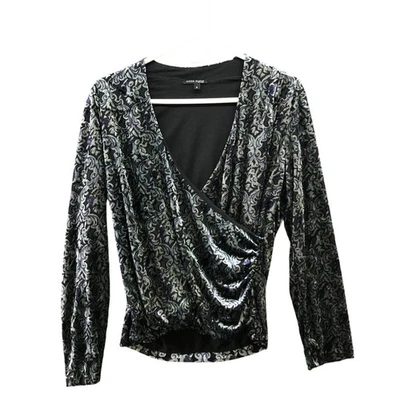 Blusa Anne Klein Terciopelo Mujer S Manga Larga Imitación Envoltura Plateada Negra Azul Cuello en V Foto 1 de 4