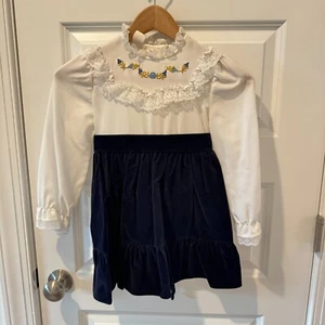 Vintage 70s Roanna Velvet Dress Girls Size 6 Navy Blue White Lace Trim - Picture 1 of 12